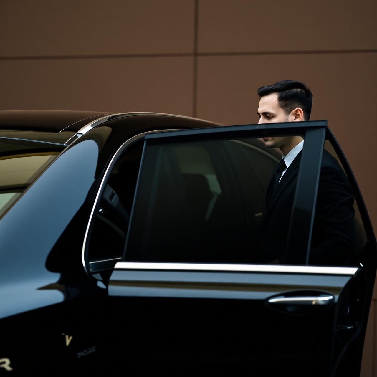 Professional chauffeur opening executive vehicle door